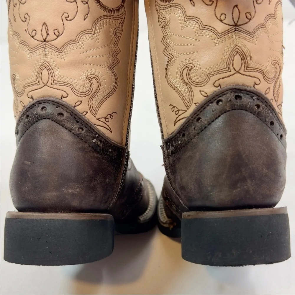 Kids White Diamonds Boots Square Toe Zipper Brown Beige Embroidered